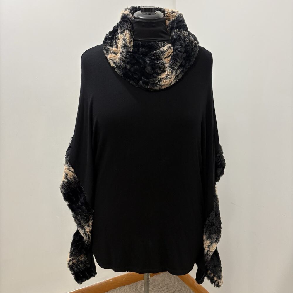 Women Black Faux Fur Trim Poncho Cape Cowl Neck Oversized Boho Mob Wife